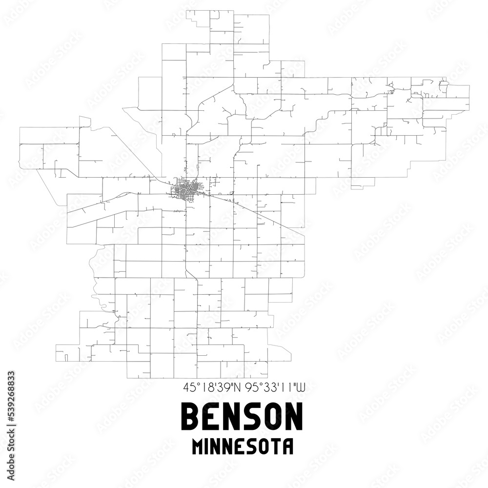 Benson Minnesota. US street map with black and white lines. Benson Minnesota. US street map with black and white lines.