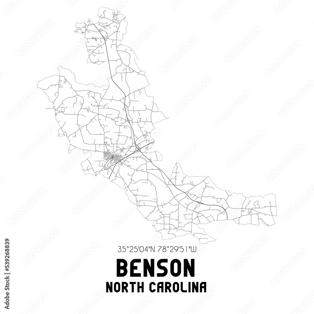 Benson North Carolina. US street map with black and white lines.