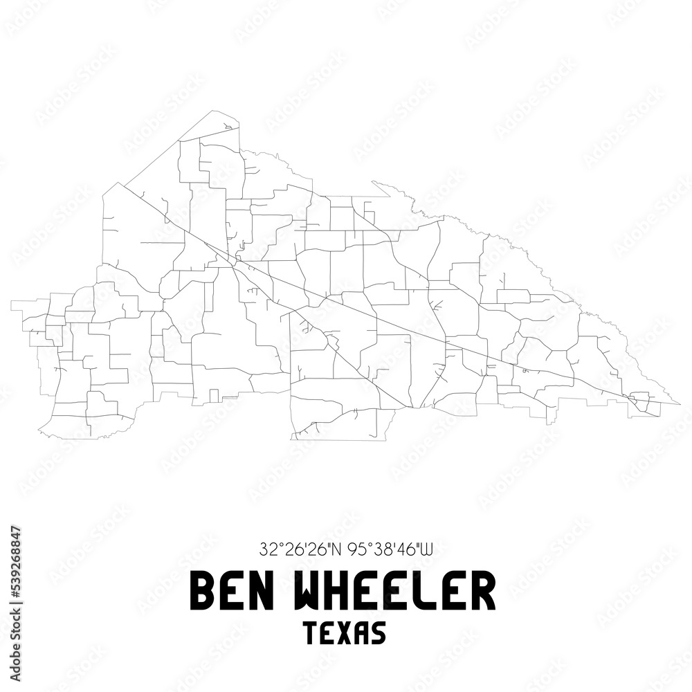 Ben Wheeler Texas. US street map with black and white lines.