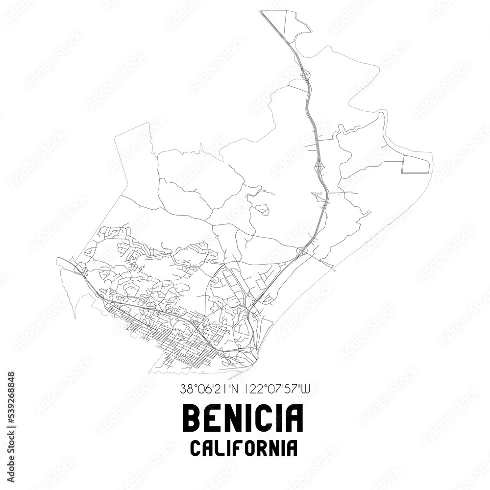 Benicia California. US street map with black and white lines.