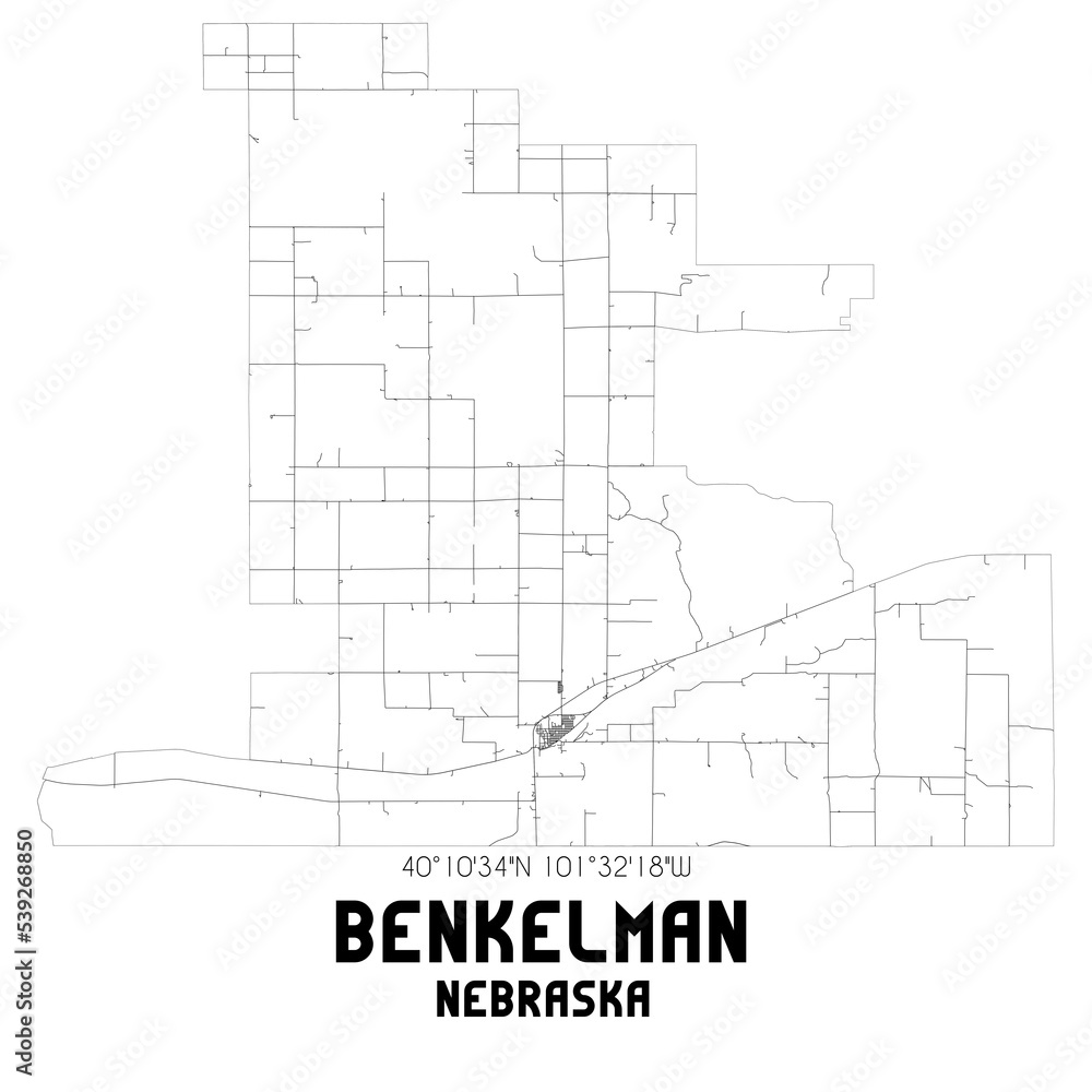 Benkelman Nebraska. US street map with black and white lines.