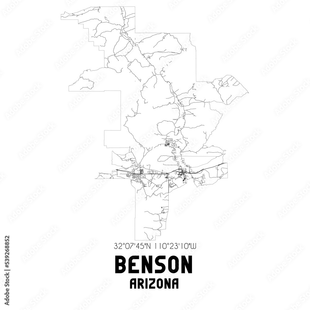 Benson Arizona. US street map with black and white lines.