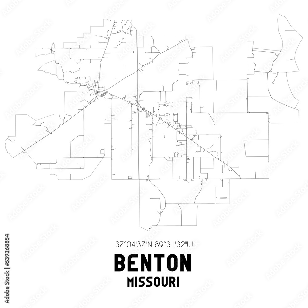 Benton Missouri. US street map with black and white lines.