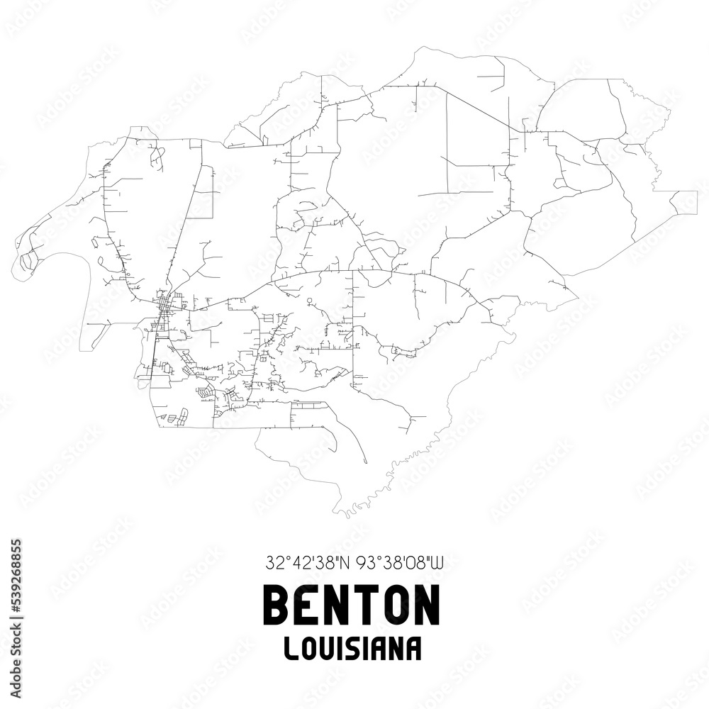 Benton Louisiana. US street map with black and white lines.
