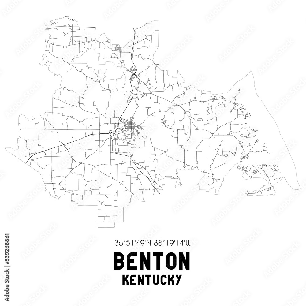 Benton Kentucky. US street map with black and white lines.