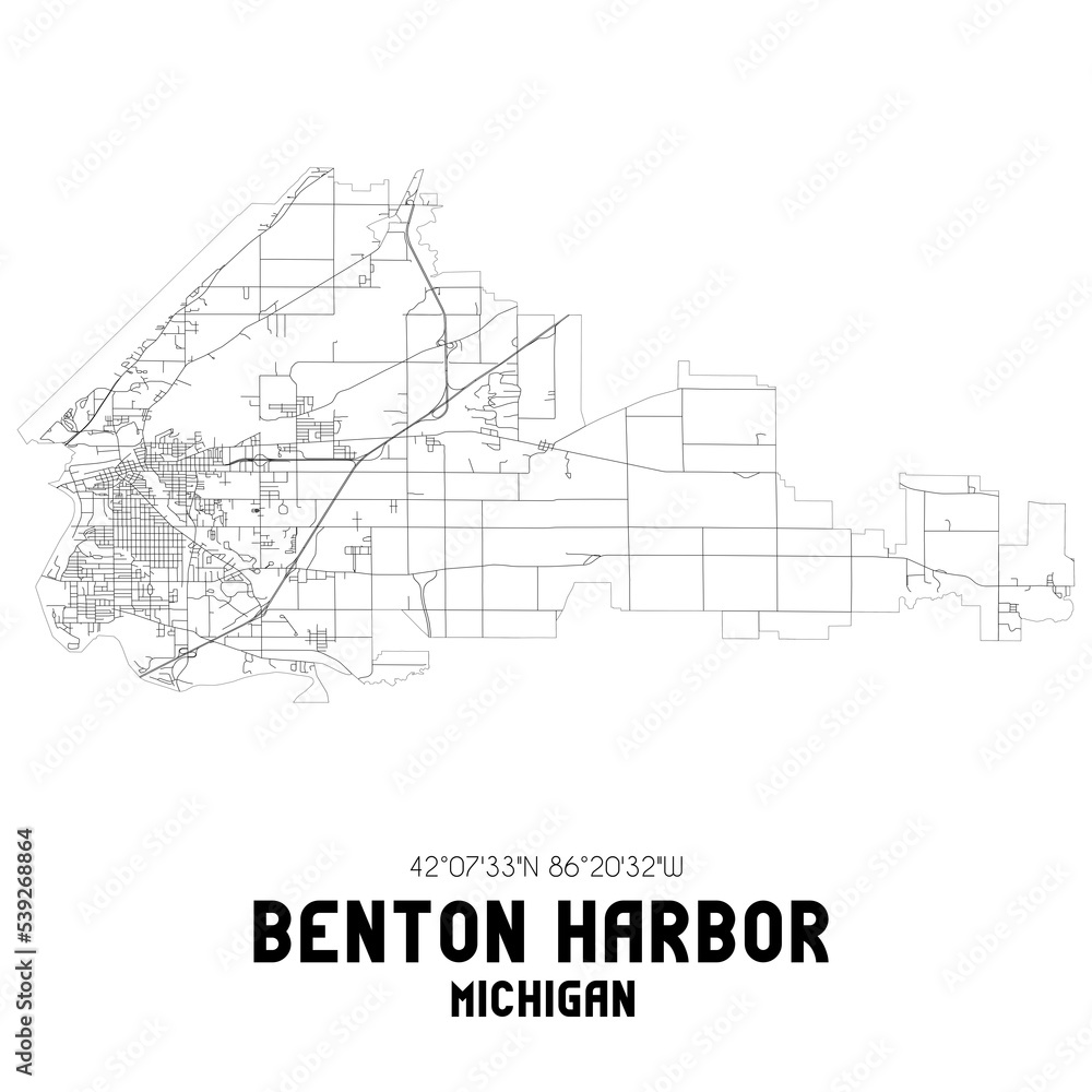 Benton Harbor Michigan. US street map with black and white lines.