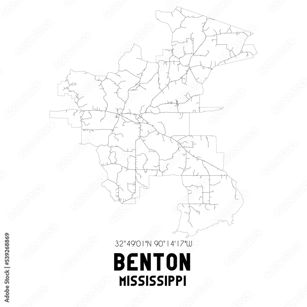 Benton Mississippi. US street map with black and white lines.