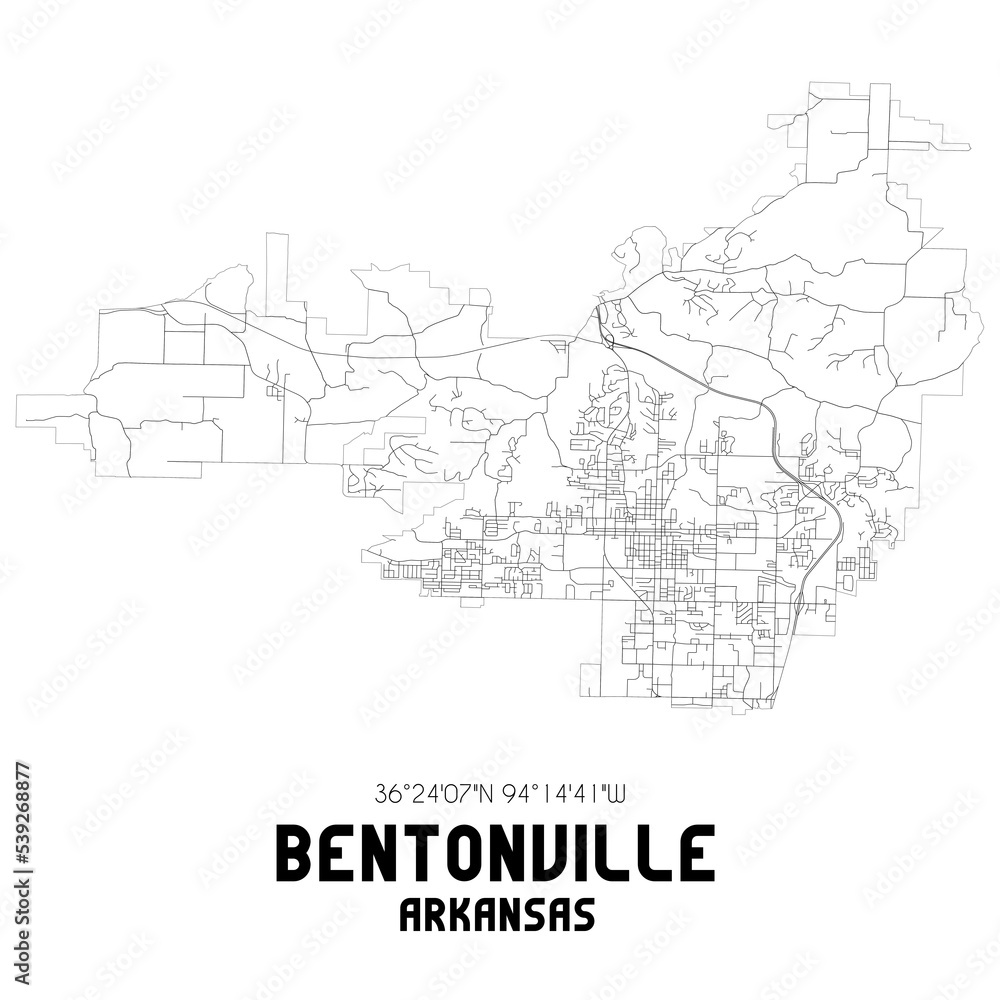 Bentonville Arkansas. US street map with black and white lines.