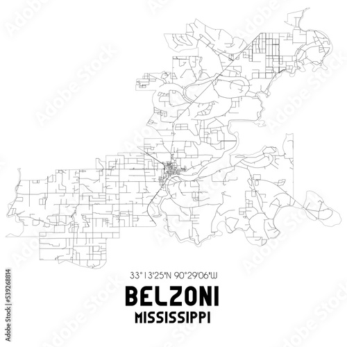 Belzoni Mississippi. US street map with black and white lines.