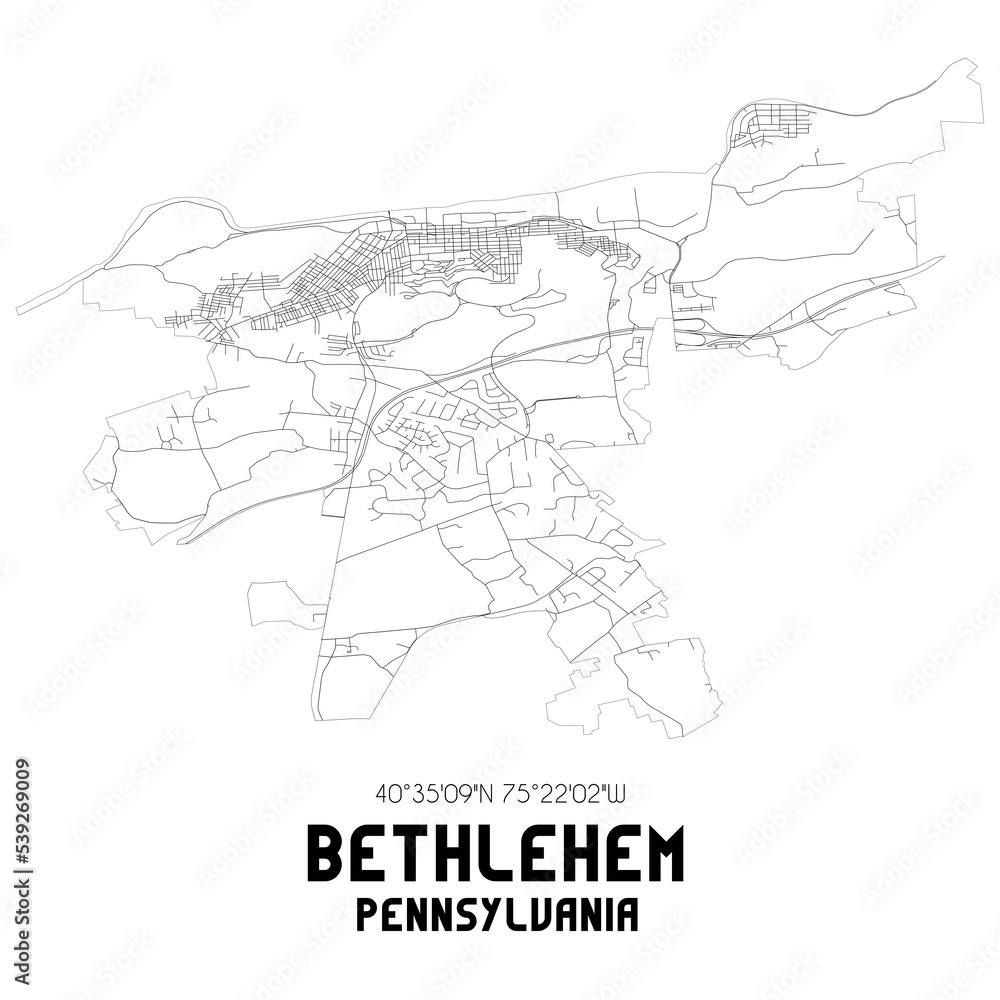 Bethlehem Pennsylvania. US street map with black and white lines. Stock