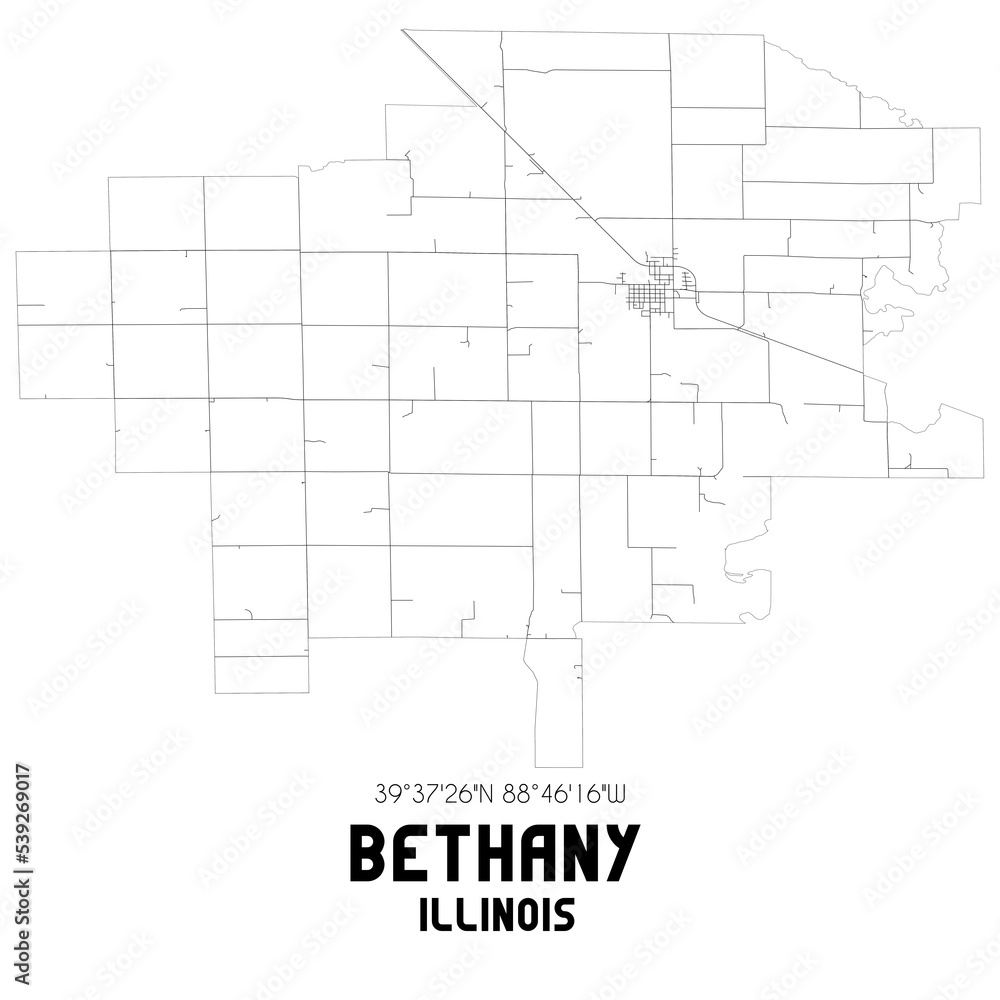 Bethany Illinois. US street map with black and white lines.