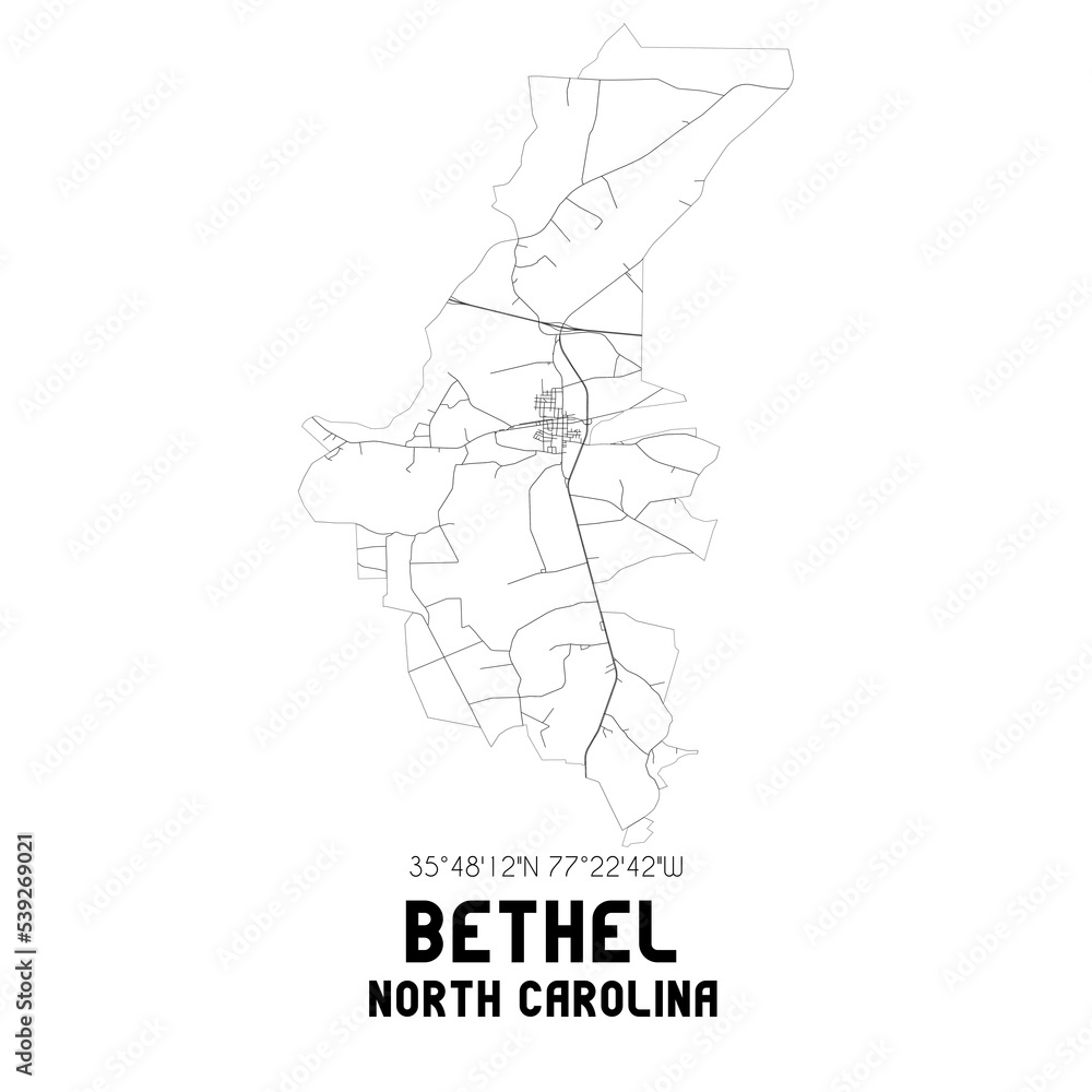 Bethel North Carolina. US street map with black and white lines.