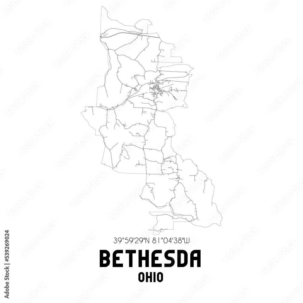 Bethesda Ohio. US street map with black and white lines.