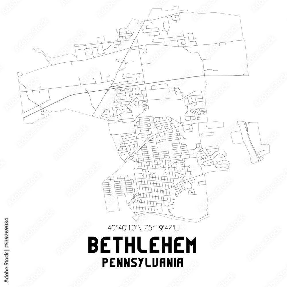 Bethlehem Pennsylvania. US street map with black and white lines.