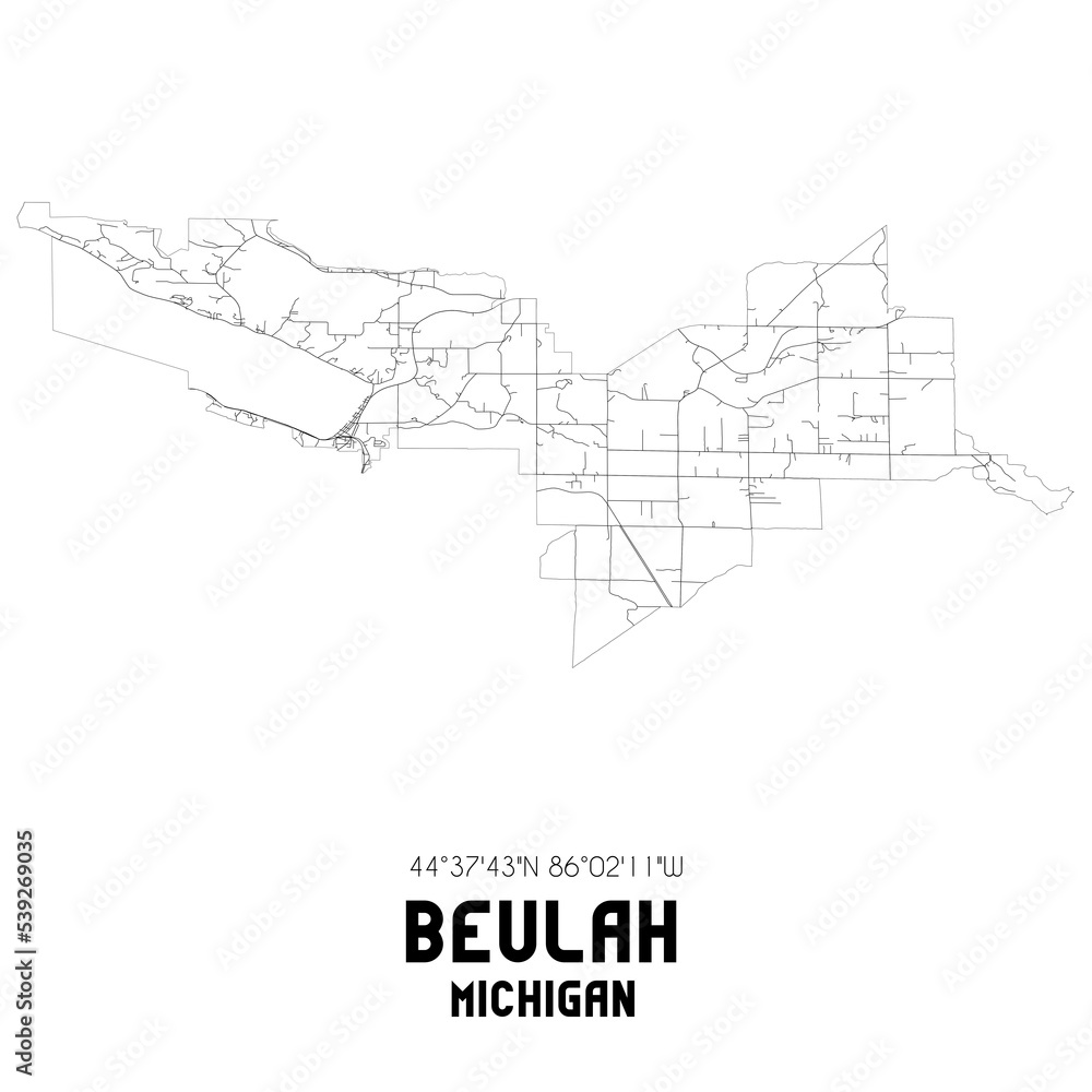 Beulah Michigan. US street map with black and white lines.