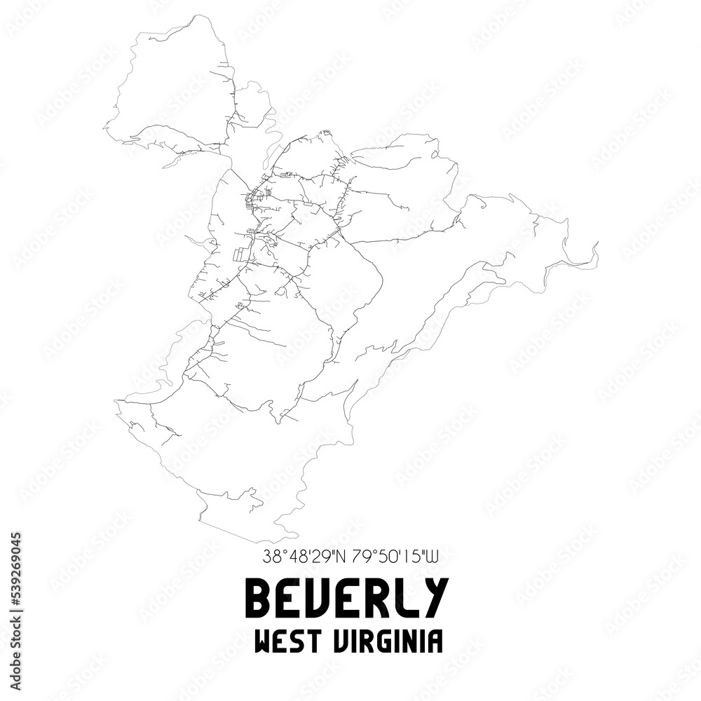 Beverly West Virginia. US street map with black and white lines.