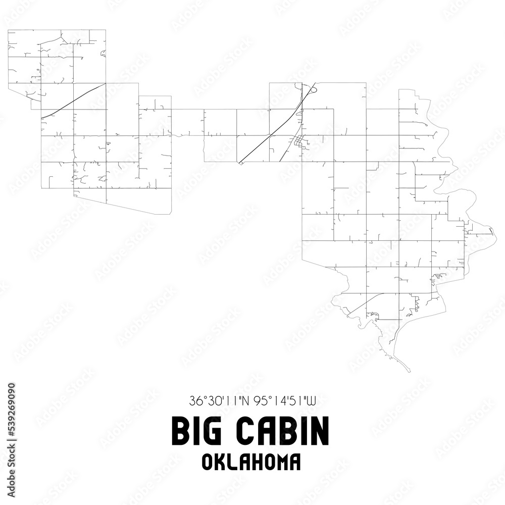 Big Cabin Oklahoma. US street map with black and white lines.