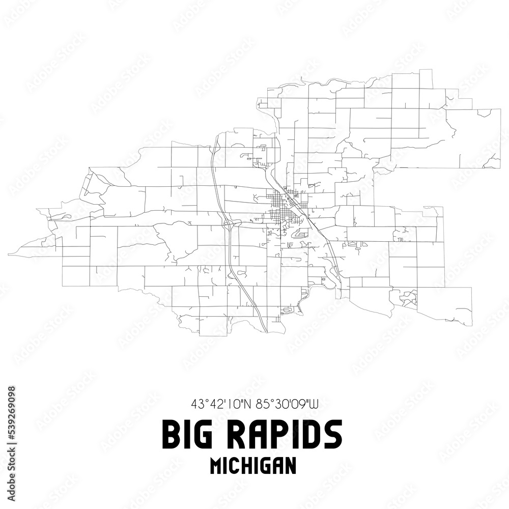 Big Rapids Michigan. US street map with black and white lines.