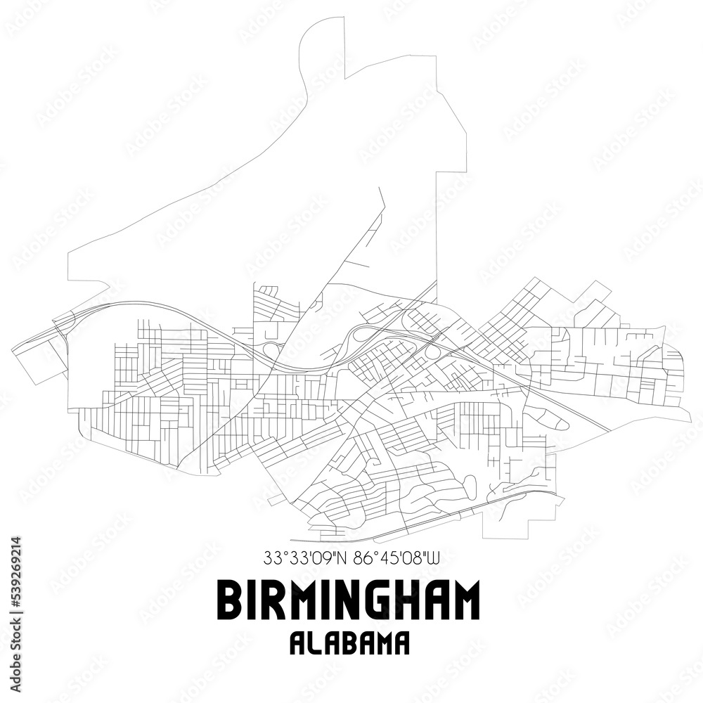 Birmingham Alabama. US street map with black and white lines.