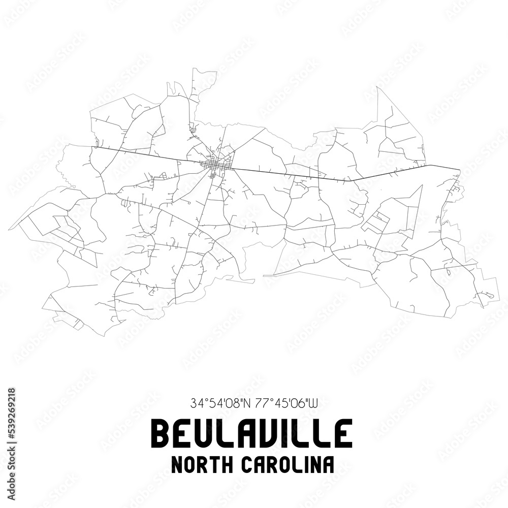 Beulaville North Carolina. US street map with black and white lines.