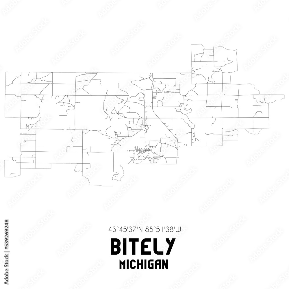 Bitely Michigan. US street map with black and white lines.