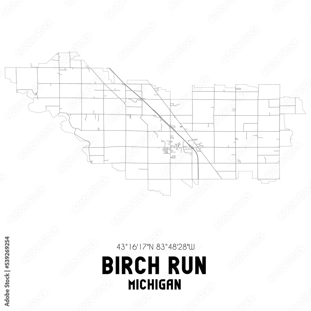 Birch Run Michigan. US street map with black and white lines.