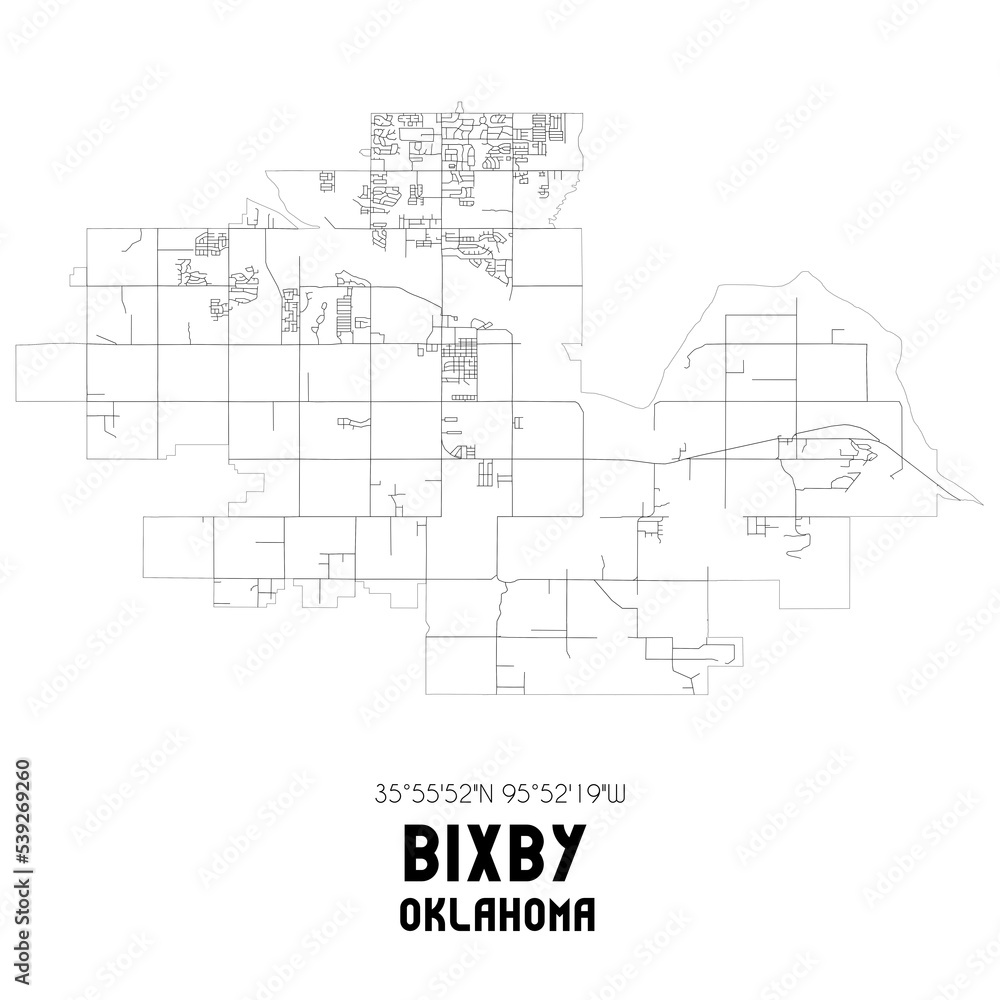 Bixby Oklahoma. US street map with black and white lines.
