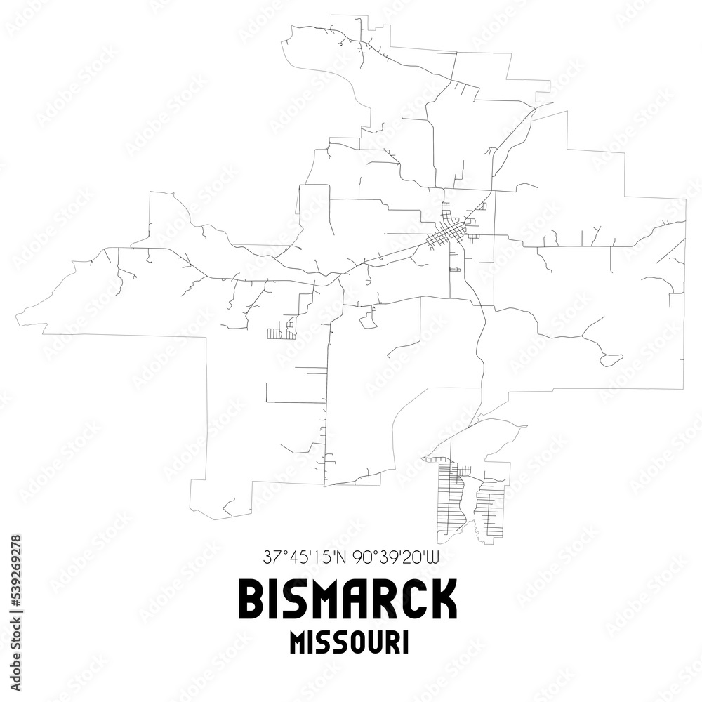 Bismarck Missouri. US street map with black and white lines.