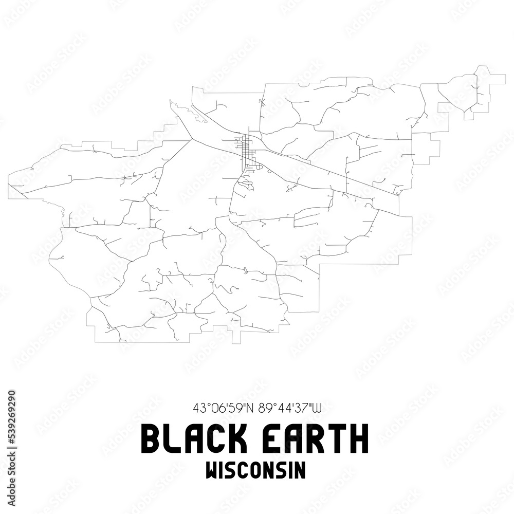 Black Earth Wisconsin. US street map with black and white lines.