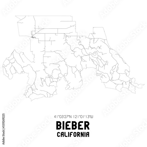 Bieber California. US street map with black and white lines.