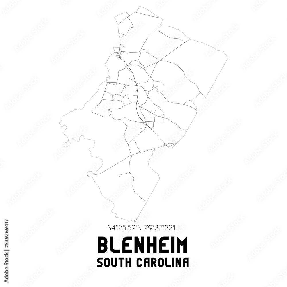 Blenheim South Carolina. US street map with black and white lines.