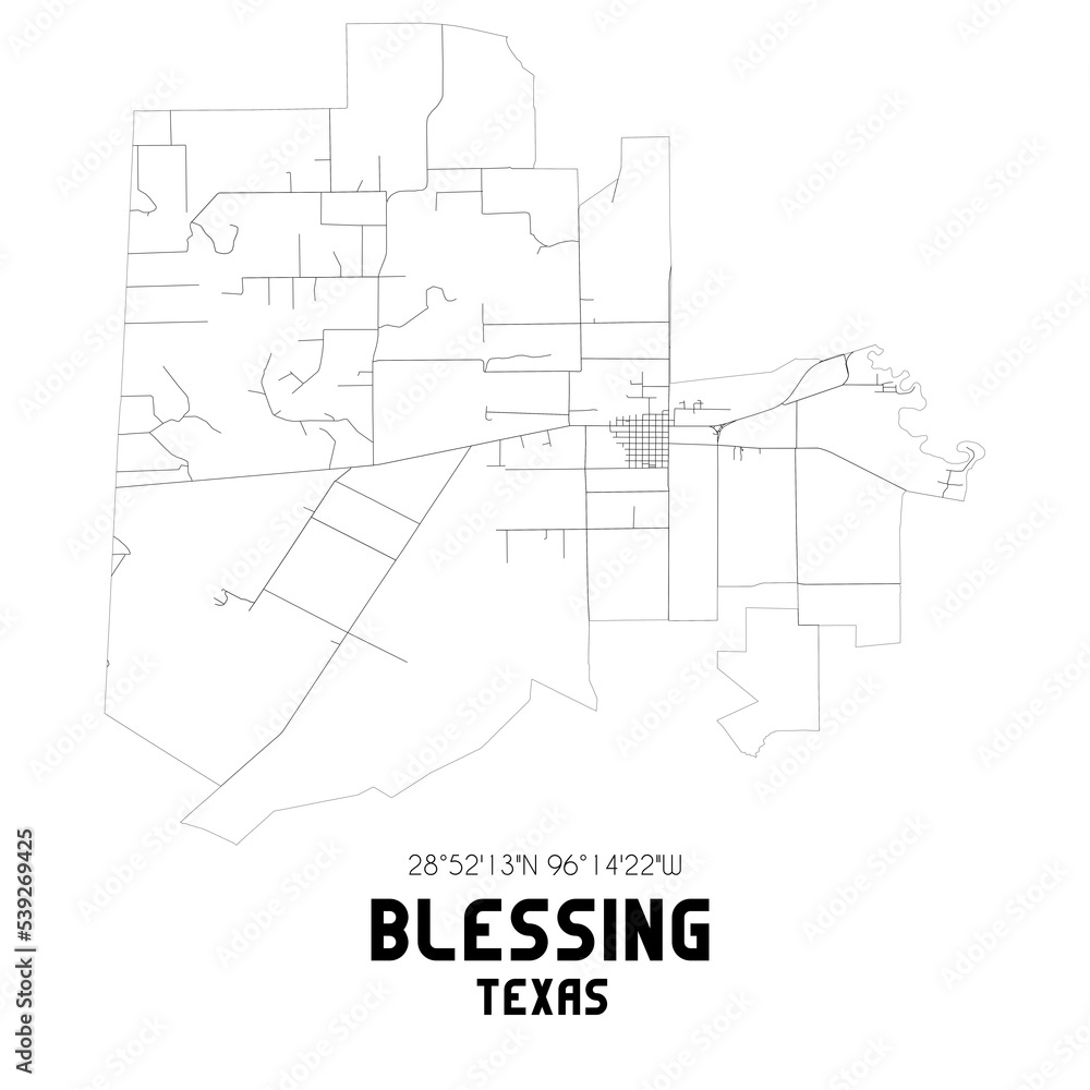Blessing Texas. US street map with black and white lines.