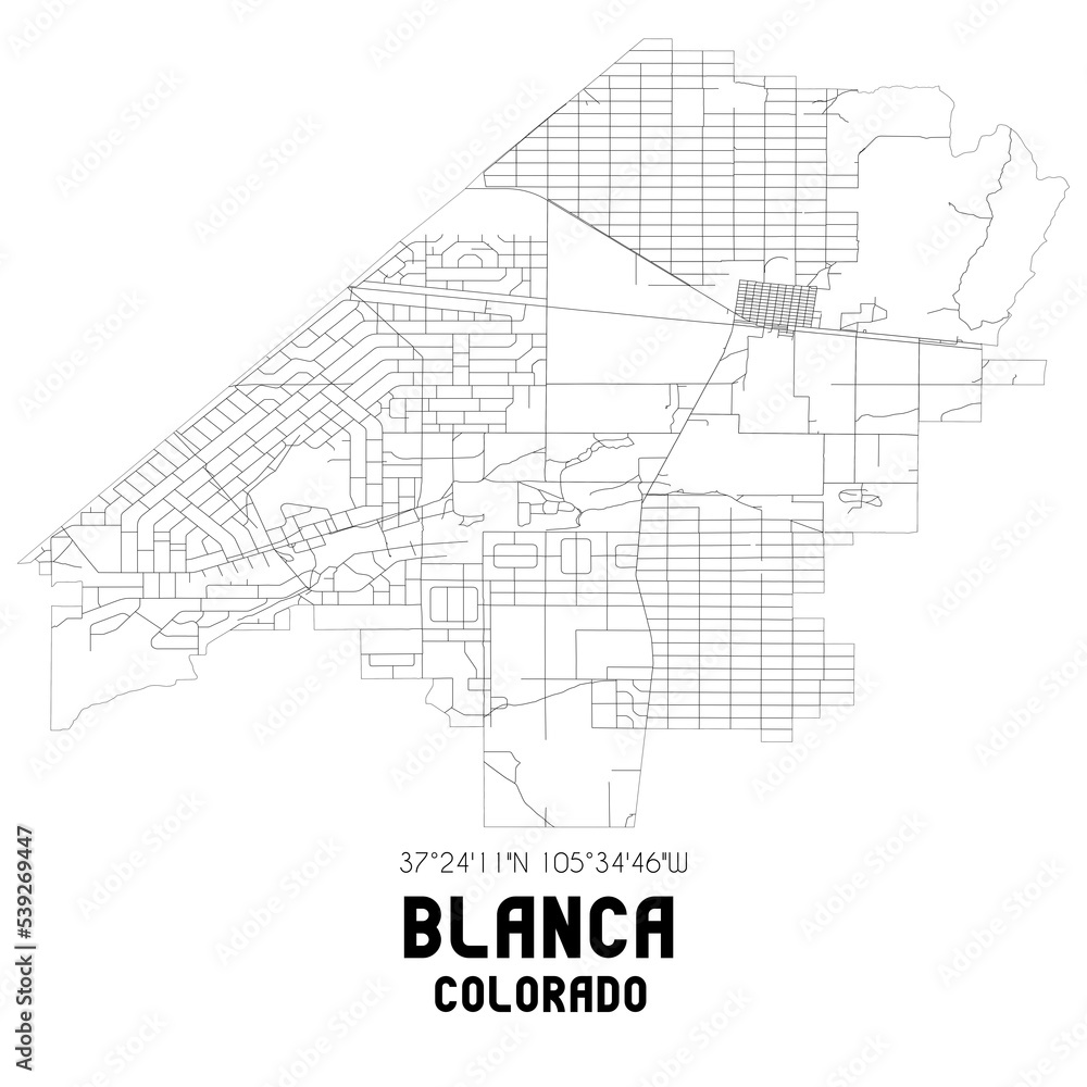 Blanca Colorado. US street map with black and white lines.