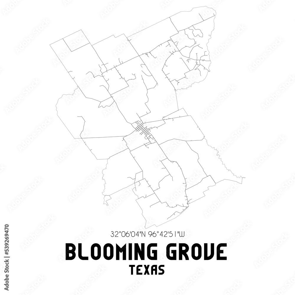 Blooming Grove Texas. US street map with black and white lines.
