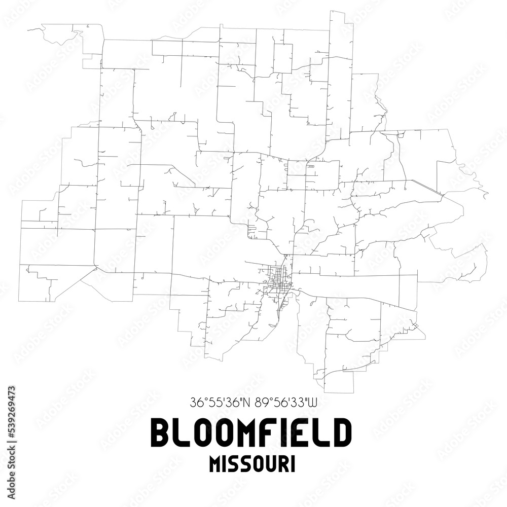 Bloomfield Missouri. US street map with black and white lines.