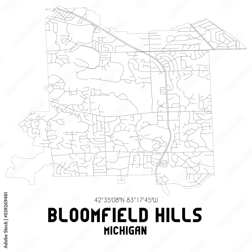 Bloomfield Hills Michigan. US street map with black and white lines.