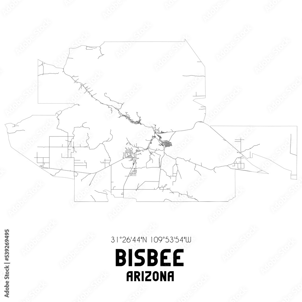 Bisbee Arizona. US street map with black and white lines.