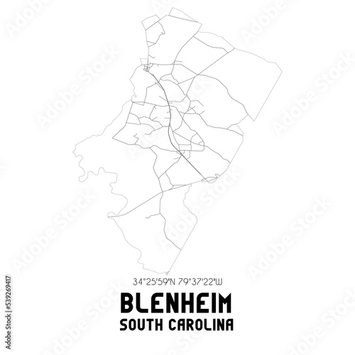 Blenheim South Carolina. US street map with black and white lines.