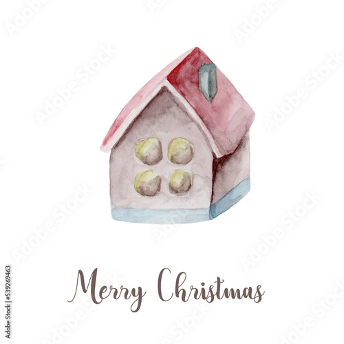 Watercolor christmas decor toy house. Hand painted New Year decor isolated on white background.