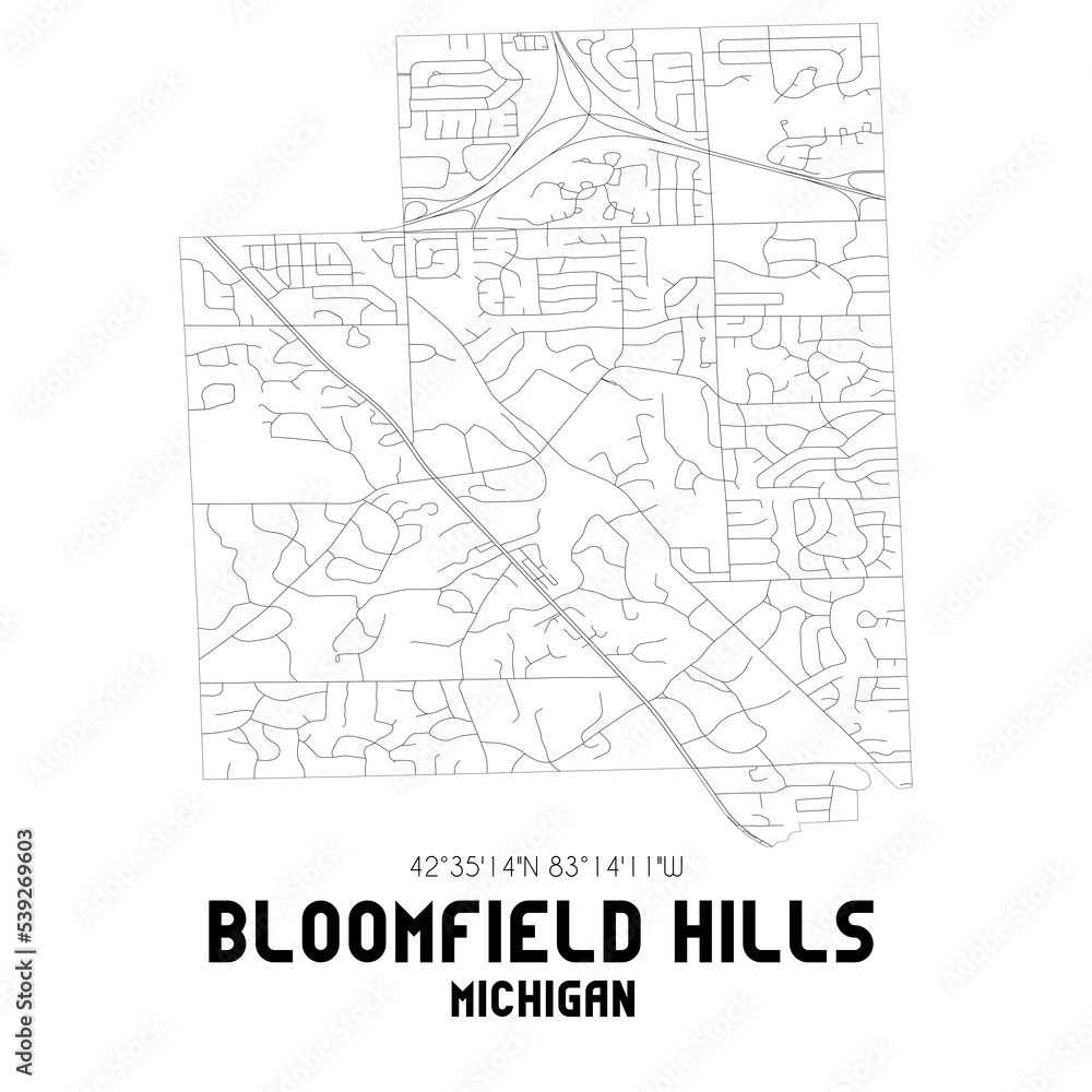 Bloomfield Hills Michigan. US street map with black and white lines.