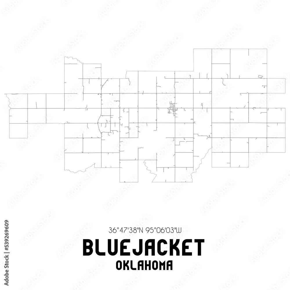 Bluejacket Oklahoma. US street map with black and white lines. Bluejacket Oklahoma. US street map with black and white lines.