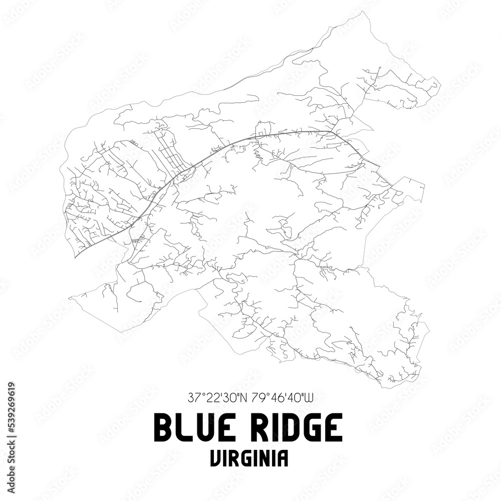 Blue Ridge Virginia. US street map with black and white lines.