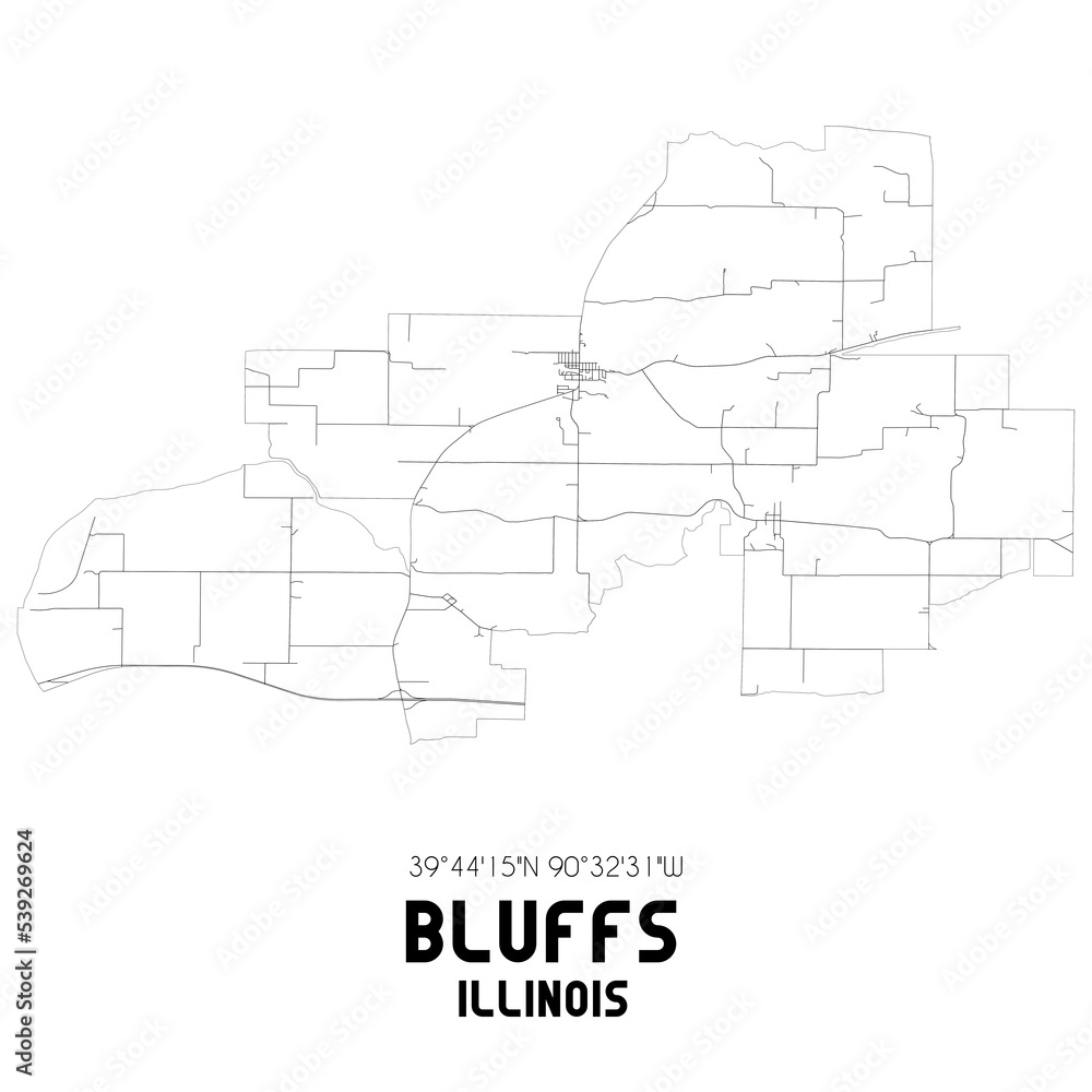 Bluffs Illinois. US street map with black and white lines. Bluffs Illinois. US street map with black and white lines.
