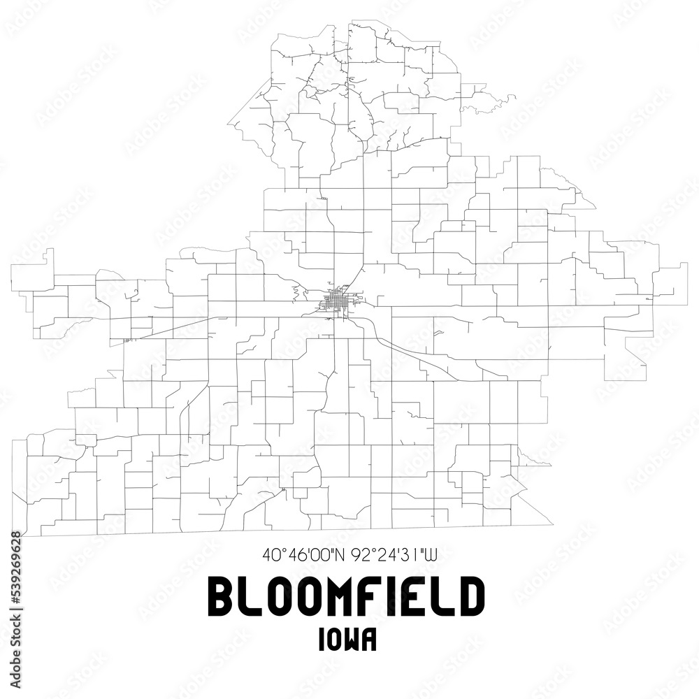 Bloomfield Iowa. US street map with black and white lines.