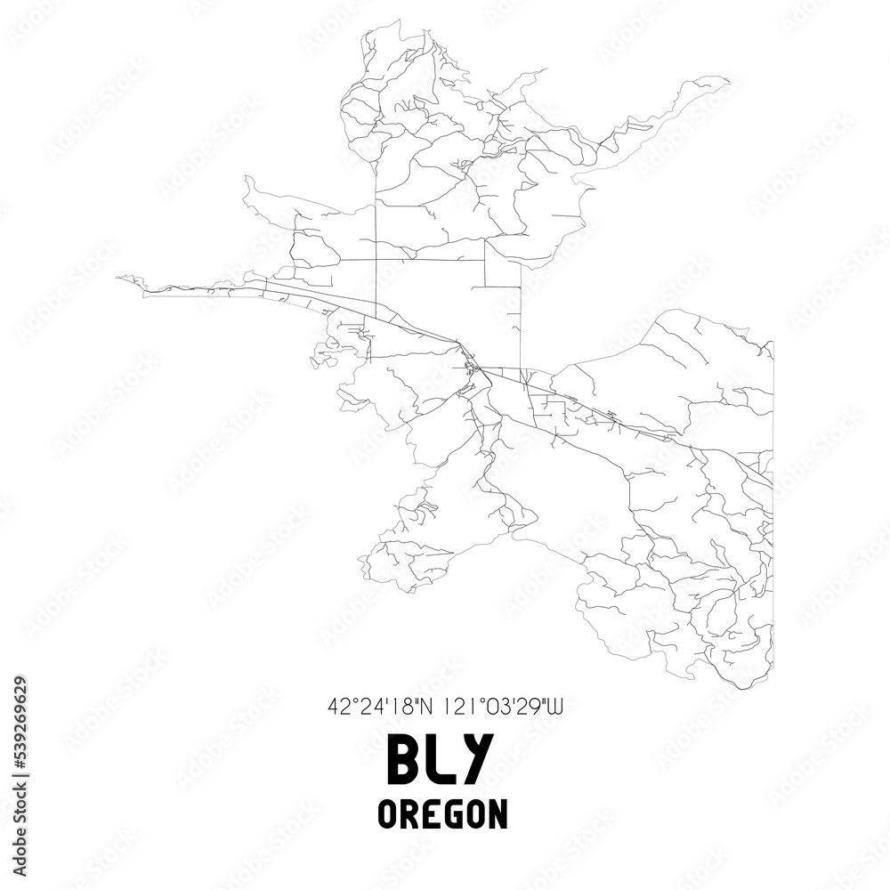 Bly Oregon. US street map with black and white lines.