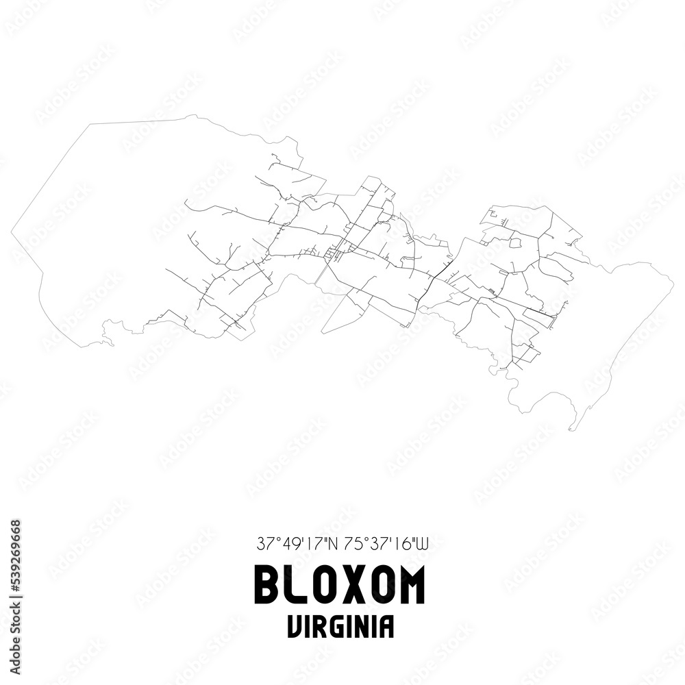 Bloxom Virginia. US street map with black and white lines.