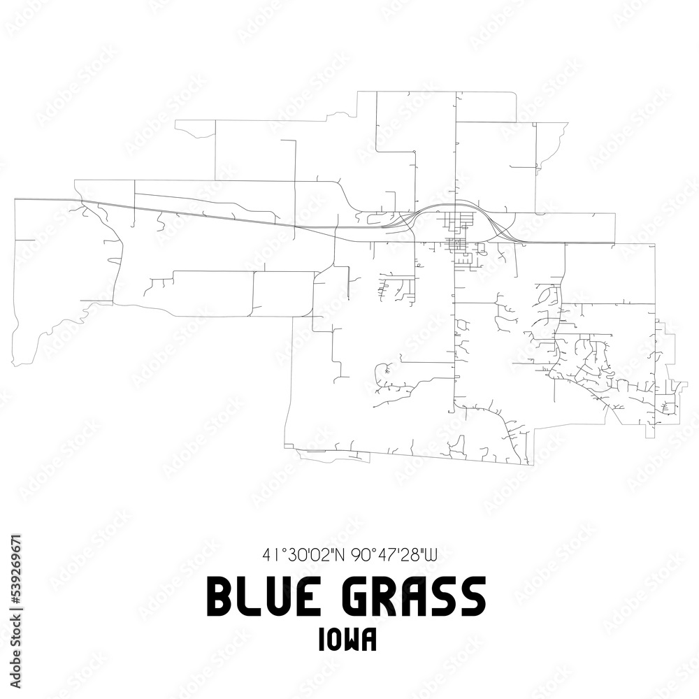 Blue Grass Iowa. US street map with black and white lines.