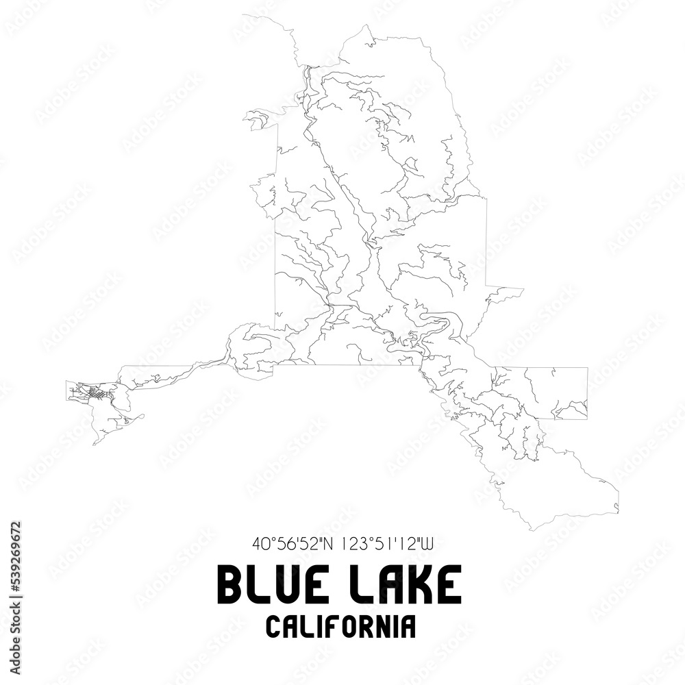 Blue Lake California. US street map with black and white lines.