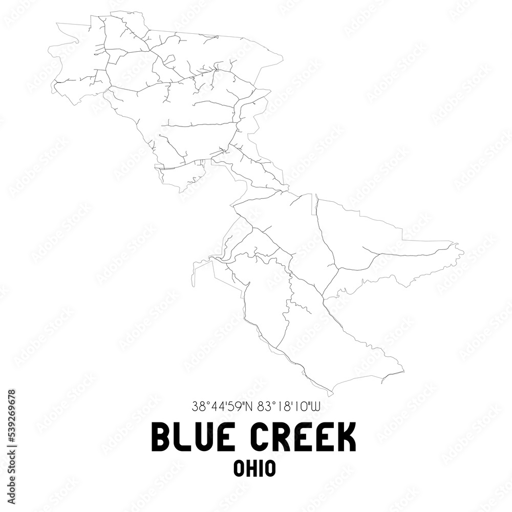 Blue Creek Ohio. US street map with black and white lines.
