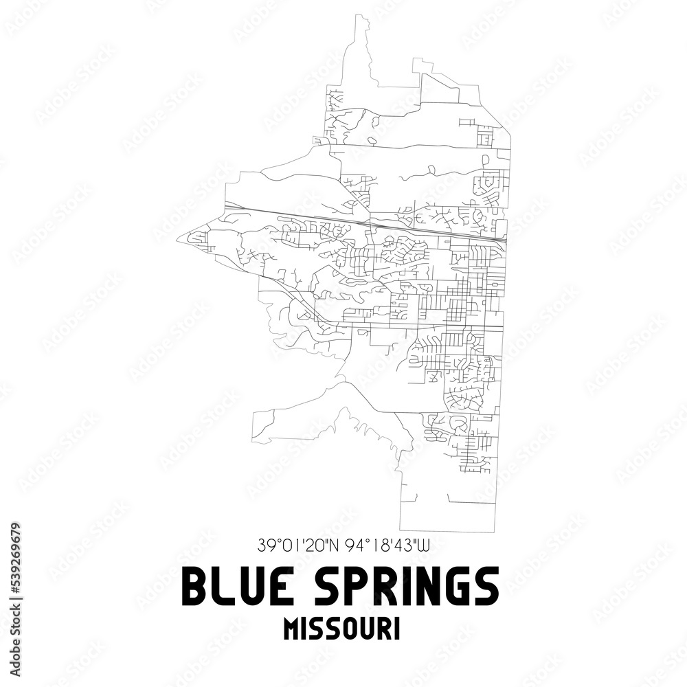 Blue Springs Missouri. US street map with black and white lines.